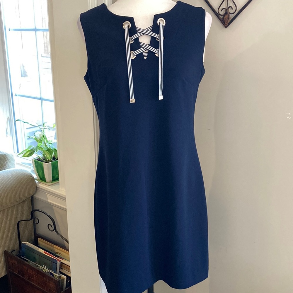 Tommy Hilfiger Navy Blue Sleeveless Shift Dress with Striped Lace-Up Detail